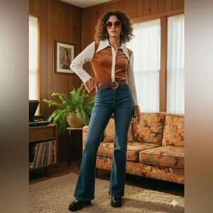 PORTSPURE Chic Brown and Cream Blouse with Elegant EUC